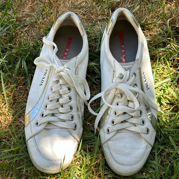 PRADA MEN SILVER FOIL METALLIC SHOES LEATHER SNEAKER SPORT 11 RUNNER WHITE ITALY - Picture 13 of 16